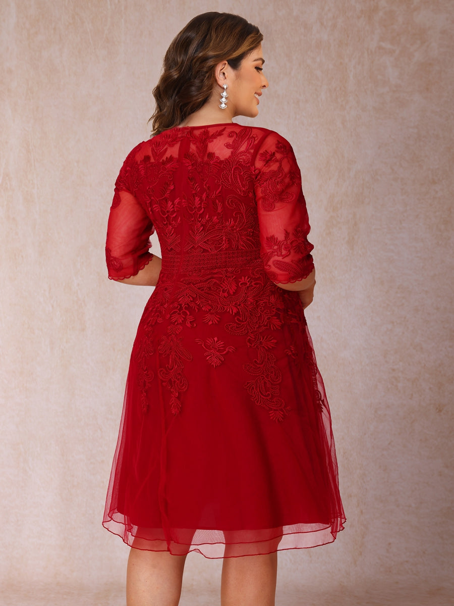 A-Line/Princess Sheer Neck Half Sleeves Short Formal Plus Size Evening Dresses with Appliques