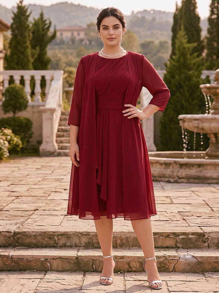 A-Line/Princess Scoop Sleeveless Short Formal Plus Size Evening Dresses with Ruched &amp; Jacket