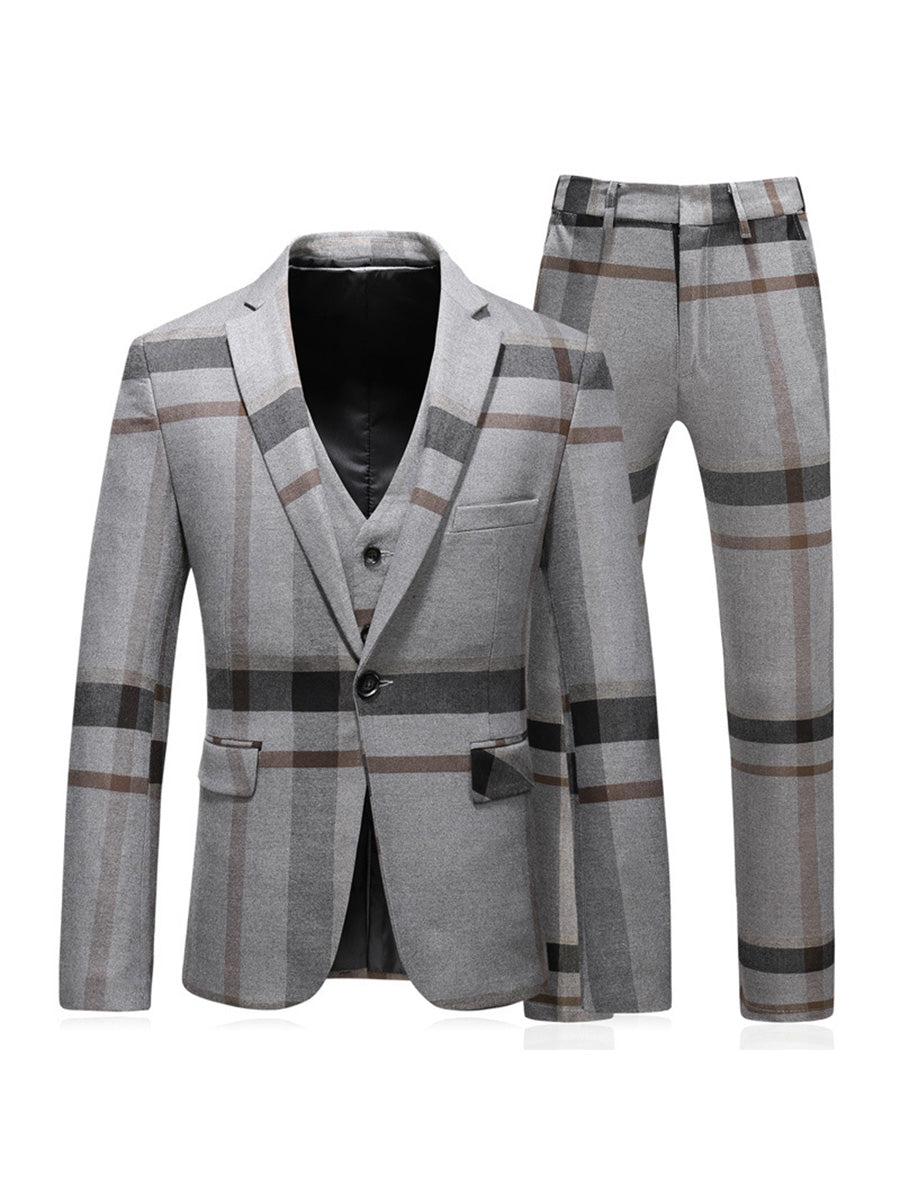 Tailored Fit Notched Lapel Single Breasted One-button 3 Pieces Patterned Men&