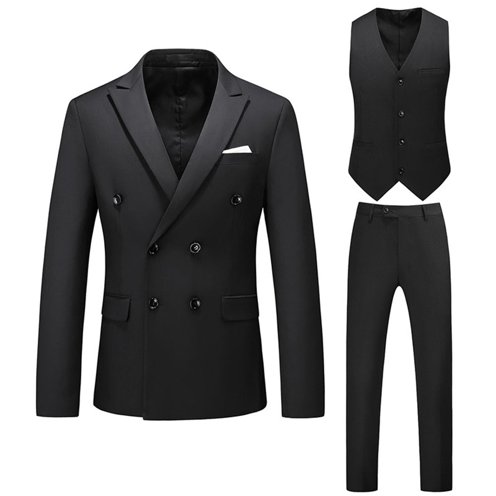 Tailored Fit Peaked Lapel Double Breasted Six-buttons 3 Pieces Men&