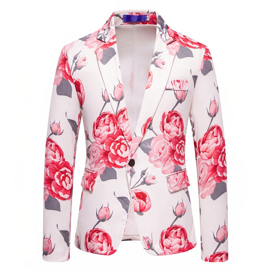 Tailored Fit Notch Single Breasted One-Button Printed Rose Men's Party Jacket