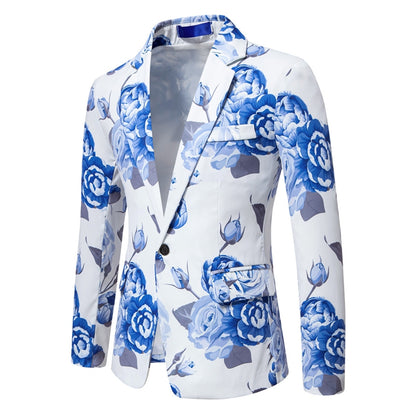 Tailored Fit Notch Single Breasted One-Button Printed Rose Men's Party Jacket