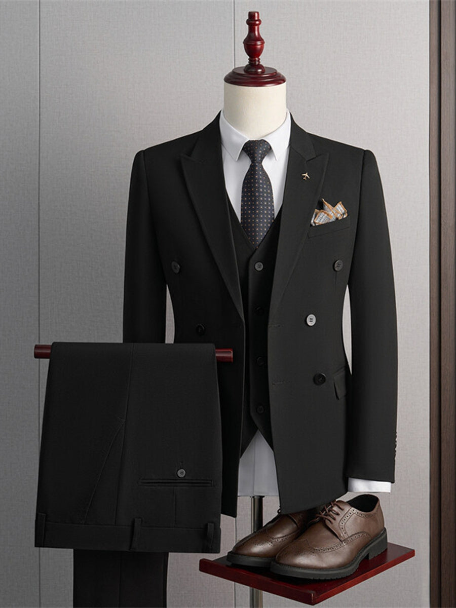 Tailored Fit Peaked Lapel Double Breasted Four-buttons 3 Pieces Men&