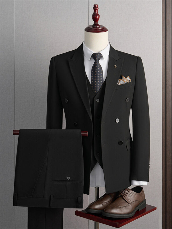 Tailored Fit Peaked Lapel Double Breasted Four-buttons 3 Pieces Men&