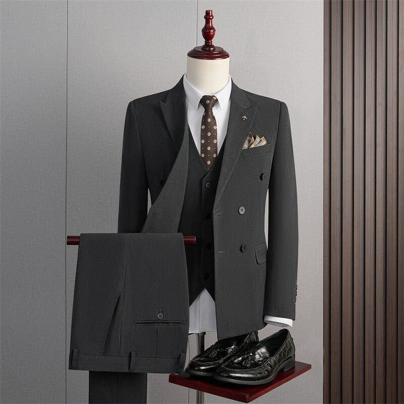 Tailored Fit Peaked Lapel Double Breasted Four-buttons 3 Pieces Men&