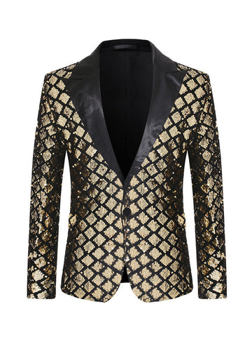 Tailored Fit Peaked Lapel Single Breasted One-Button Sequin Men's Party Jacket