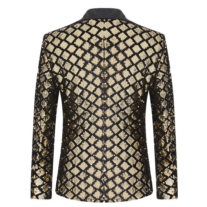 Tailored Fit Peaked Lapel Single Breasted One-Button Sequin Men's Party Jacket