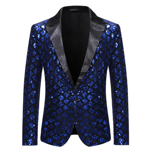 Tailored Fit Peaked Lapel Single Breasted One-Button Sequin Men's Party Jacket