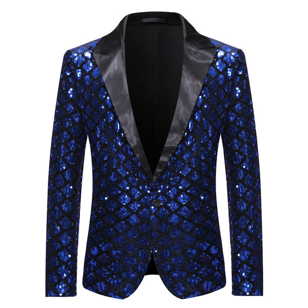 Tailored Fit Peaked Lapel Single Breasted One-Button Sequin Men's Party Jacket