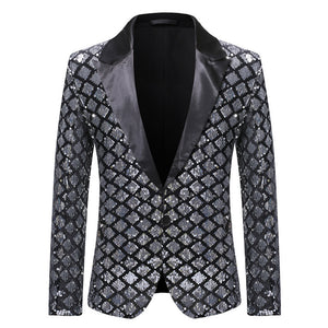 Tailored Fit Peaked Lapel Single Breasted One-Button Sequin Men's Party Jacket