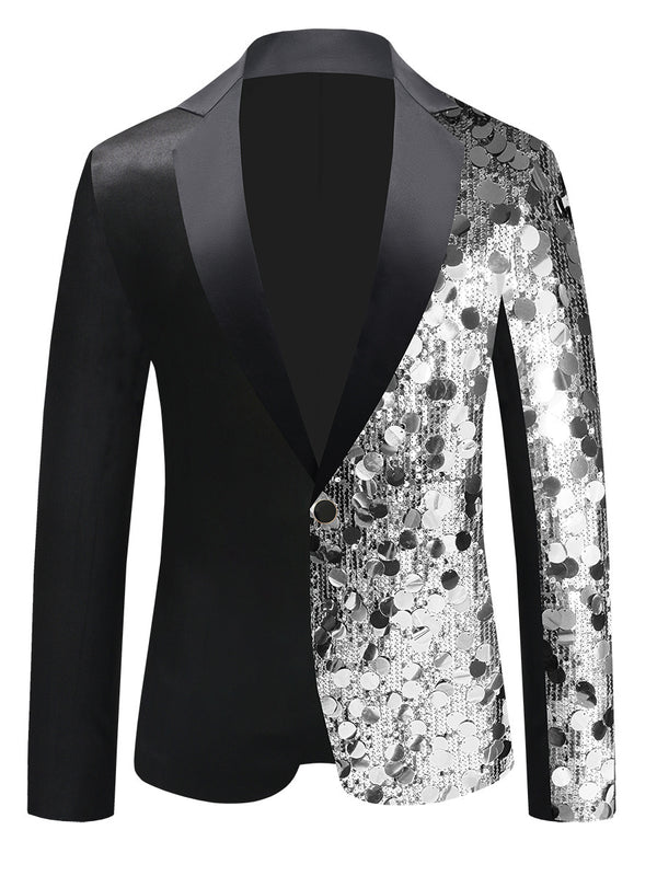 Tailored Fit Notched Lapel Single Breasted One-Button Men's Party Jacket with Sequins