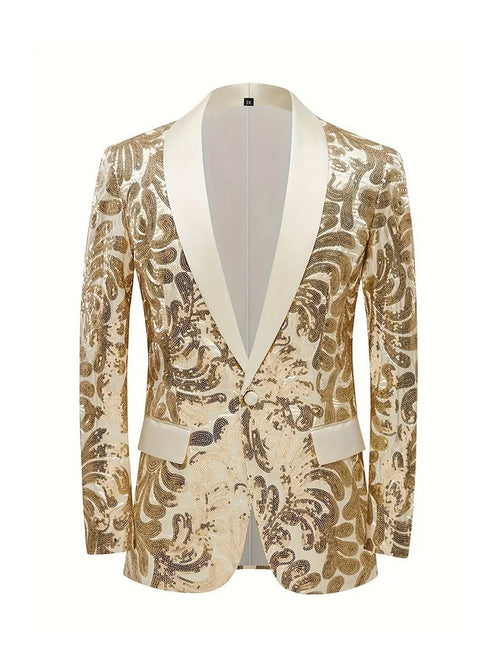 Tailored Fit Shawl Lapel Single Breasted One-Button Men's Party Jacket with Sequins Appliques