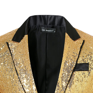 Tailored Fit Peaked Lapel Single Breasted One-Button Sequin Men's Party Jacket with Pockets
