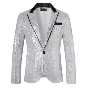 Tailored Fit Peaked Lapel Single Breasted One-Button Sequin Men's Party Jacket with Pockets