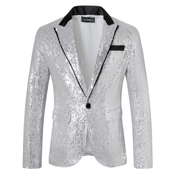 Tailored Fit Peaked Lapel Single Breasted One-Button Sequin Men's Party Jacket with Pockets