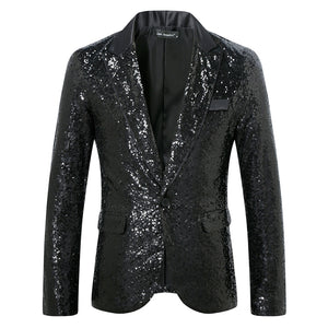 Tailored Fit Peaked Lapel Single Breasted One-Button Sequin Men's Party Jacket with Pockets