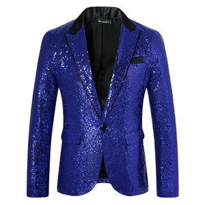 Tailored Fit Peaked Lapel Single Breasted One-Button Sequin Men's Party Jacket with Pockets