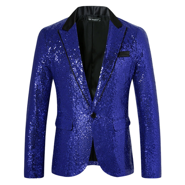 Tailored Fit Peaked Lapel Single Breasted One-Button Sequin Men's Party Jacket with Pockets