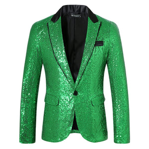 Tailored Fit Peaked Lapel Single Breasted One-Button Sequin Men's Party Jacket with Pockets