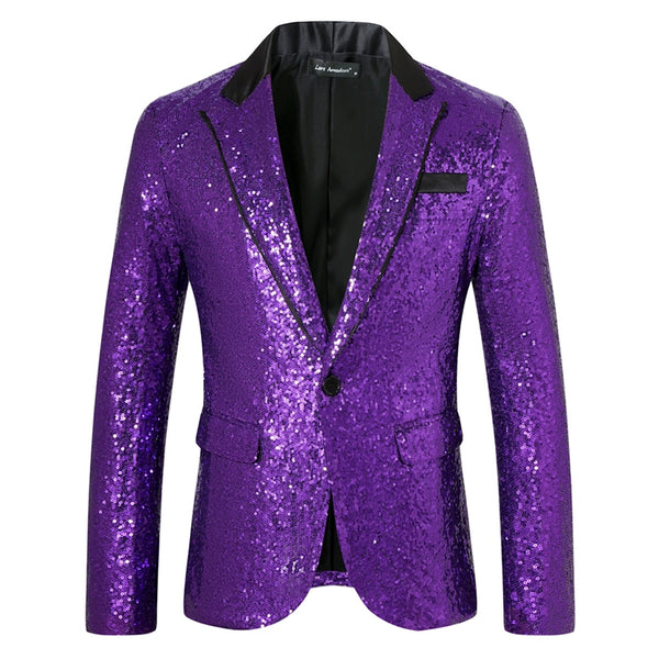 Tailored Fit Peaked Lapel Single Breasted One-Button Sequin Men's Party Jacket with Pockets