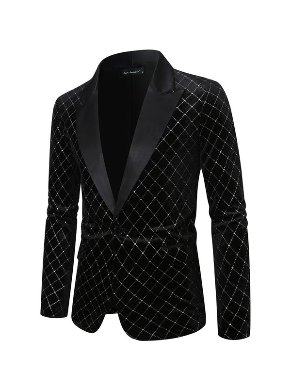 Tailored Fit Peaked Lapel Single Breasted One-Button Diamond Pattern Men's Party Jacket