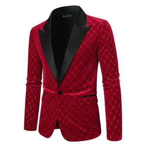 Tailored Fit Peaked Lapel Single Breasted One-Button Diamond Pattern Men's Party Jacket