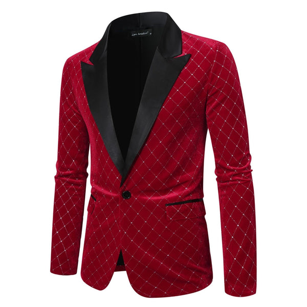 Tailored Fit Peaked Lapel Single Breasted One-Button Diamond Pattern Men's Party Jacket
