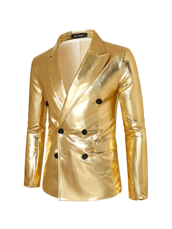 Tailored Fit Peaked Lapel Double Breasted Six-Button Metallic Men's Party Jacket