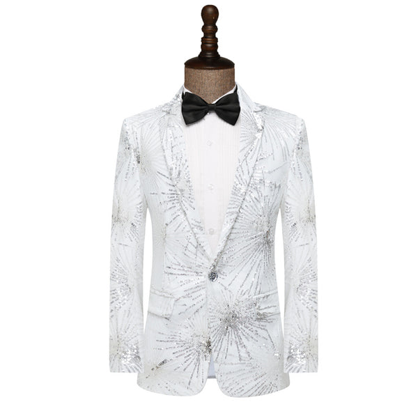 Tailored Fit Notched Lapel Single Breasted One-Button Men's Party Jacket with Sequins