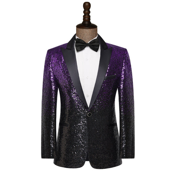 Tailored Fit Peaked Lapel Single Breasted One-Button Sequin Men's Party Jacket