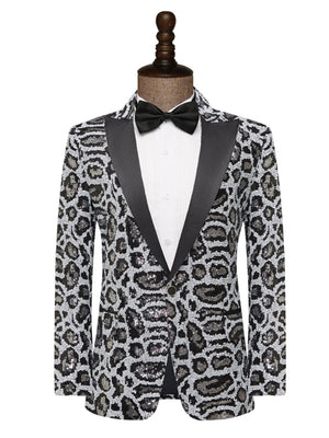 Tailored Fit Peaked Lapel Single Breasted One-Button Leopard Prined Sequin Men's Party Jacket