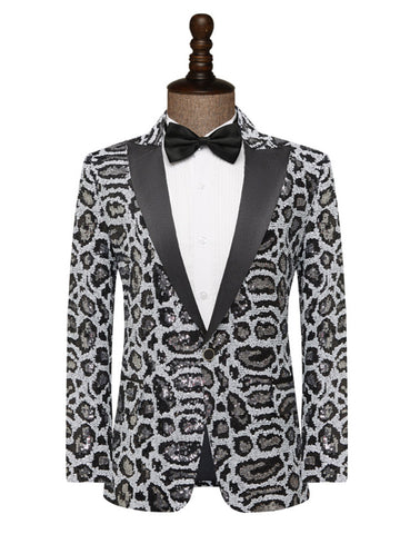 Tailored Fit Peaked Lapel Single Breasted One-Button Leopard Prined Sequin Men's Party Jacket