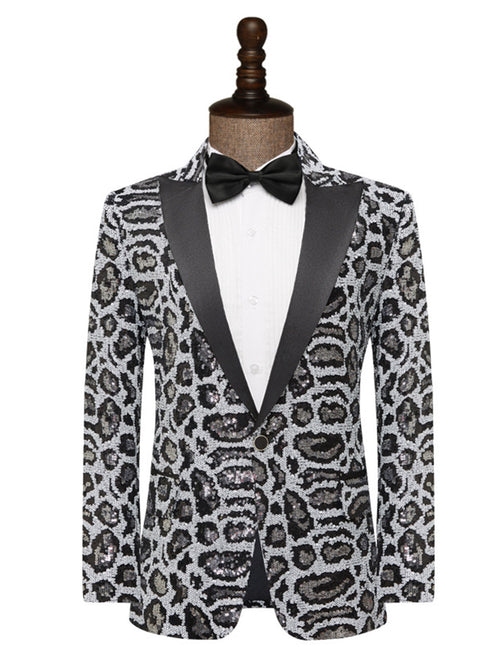 Tailored Fit Peaked Lapel Single Breasted One-Button Leopard Prined Sequin Men's Party Jacket