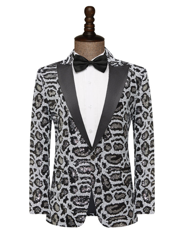 Tailored Fit Peaked Lapel Single Breasted One-Button Leopard Prined Sequin Men's Party Jacket