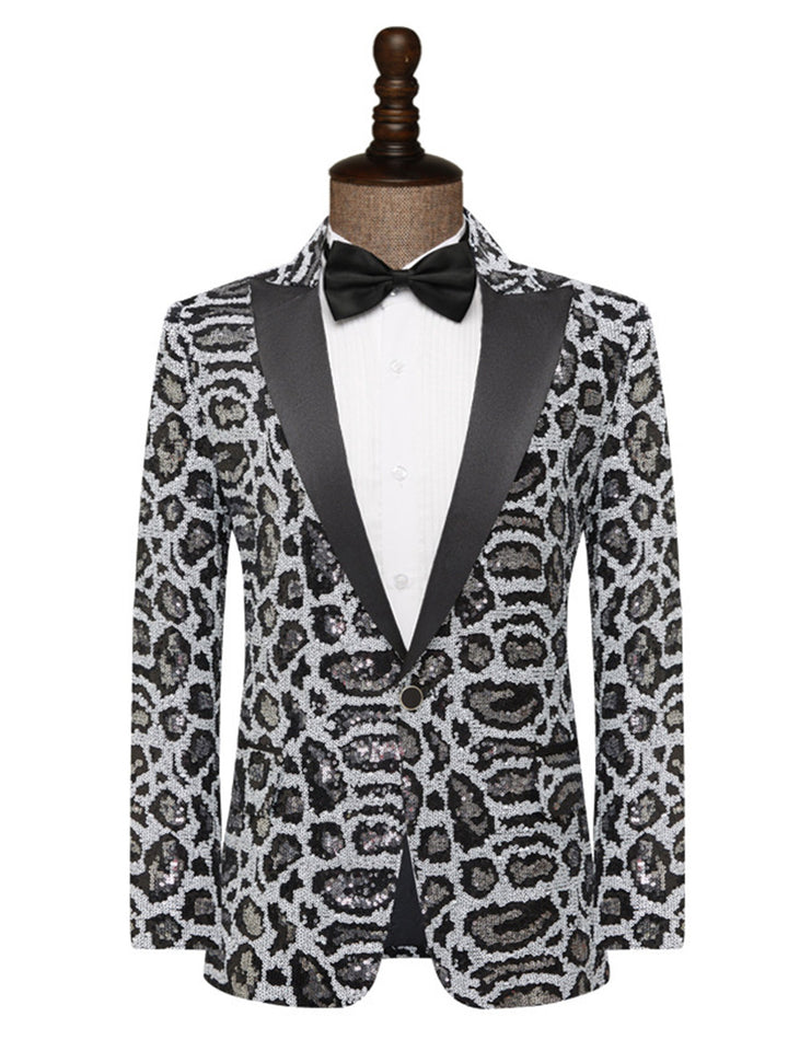 Tailored Fit Peaked Lapel Single Breasted One-Button Leopard Prined Sequin Men&