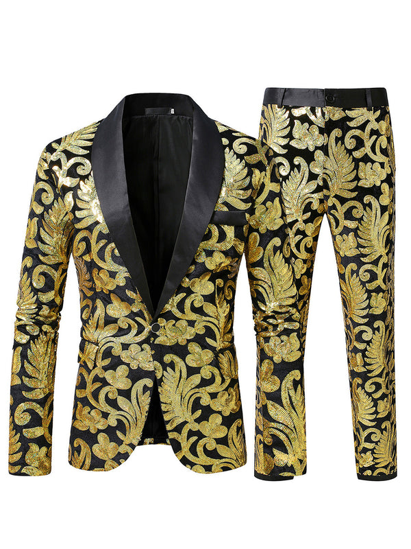 Tailored Fit Shawl Lapel Single Breasted One-Button 2 Piece Men's Party Suits with Sequin Appliques