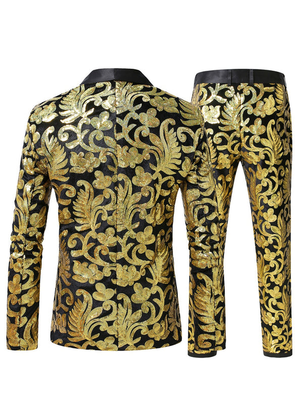 Tailored Fit Shawl Lapel Single Breasted One-Button 2 Piece Men's Party Suits with Sequin Appliques