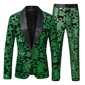 Tailored Fit Shawl Lapel Single Breasted One-Button 2 Piece Men's Party Suits with Sequin Appliques
