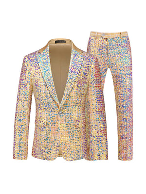 Tailored Fit Notched Lapel Single Breasted One-Button Sequin 2 Piece Men's Party Suits