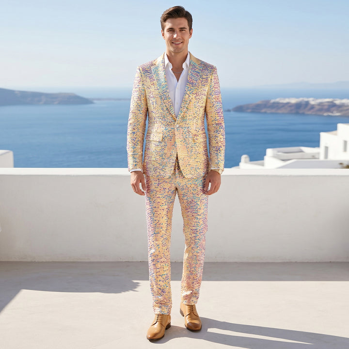 Tailored Fit Notched Lapel Single Breasted One-Button Sequin 2 Piece Men&