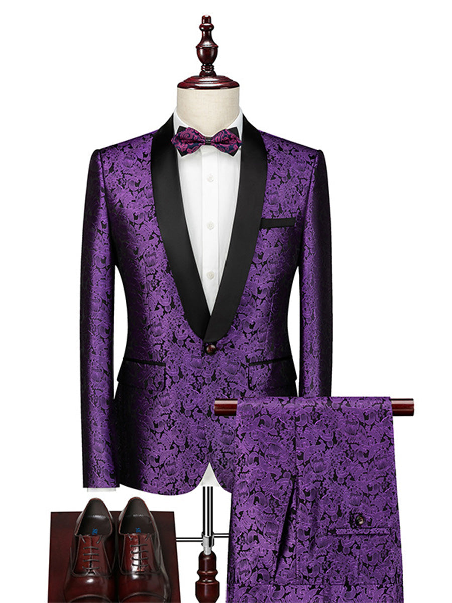 Tailored Fit Shawl Lapel Single Breasted One-Button Jacquard 2 Piece Men&