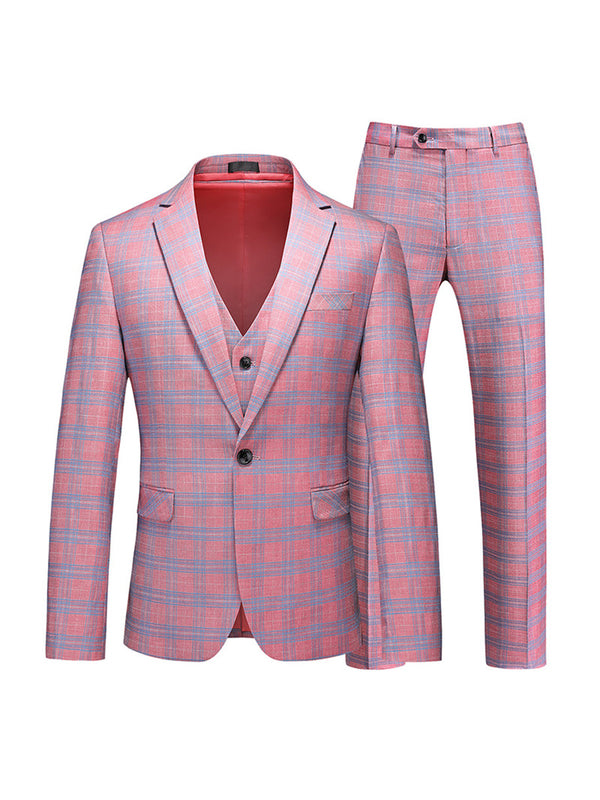 Tailored Fit Notched Lapel Single Breasted One-Button Grid 3 Piece Men's Party Suits