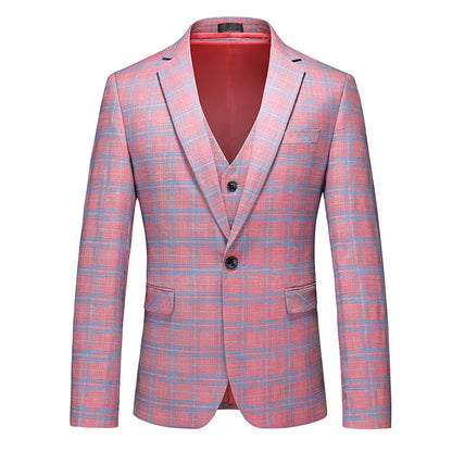 Tailored Fit Notched Lapel Single Breasted One-Button Grid 3 Piece Men's Party Suits