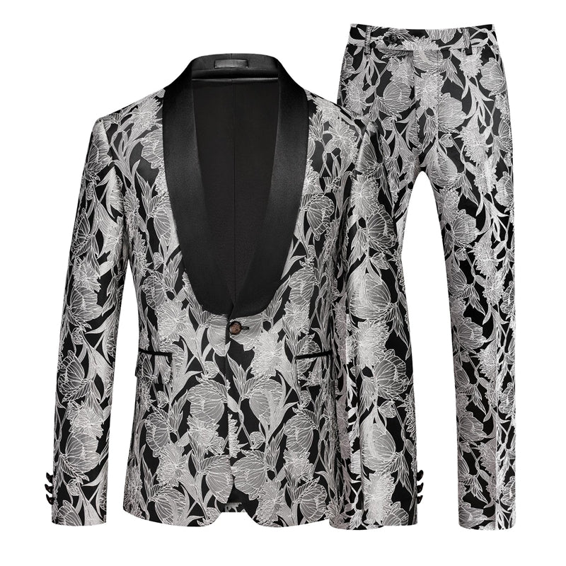 Tailored Fit Shawl Lapel Single Breasted One-Button Jacquard 2 Piece Men&