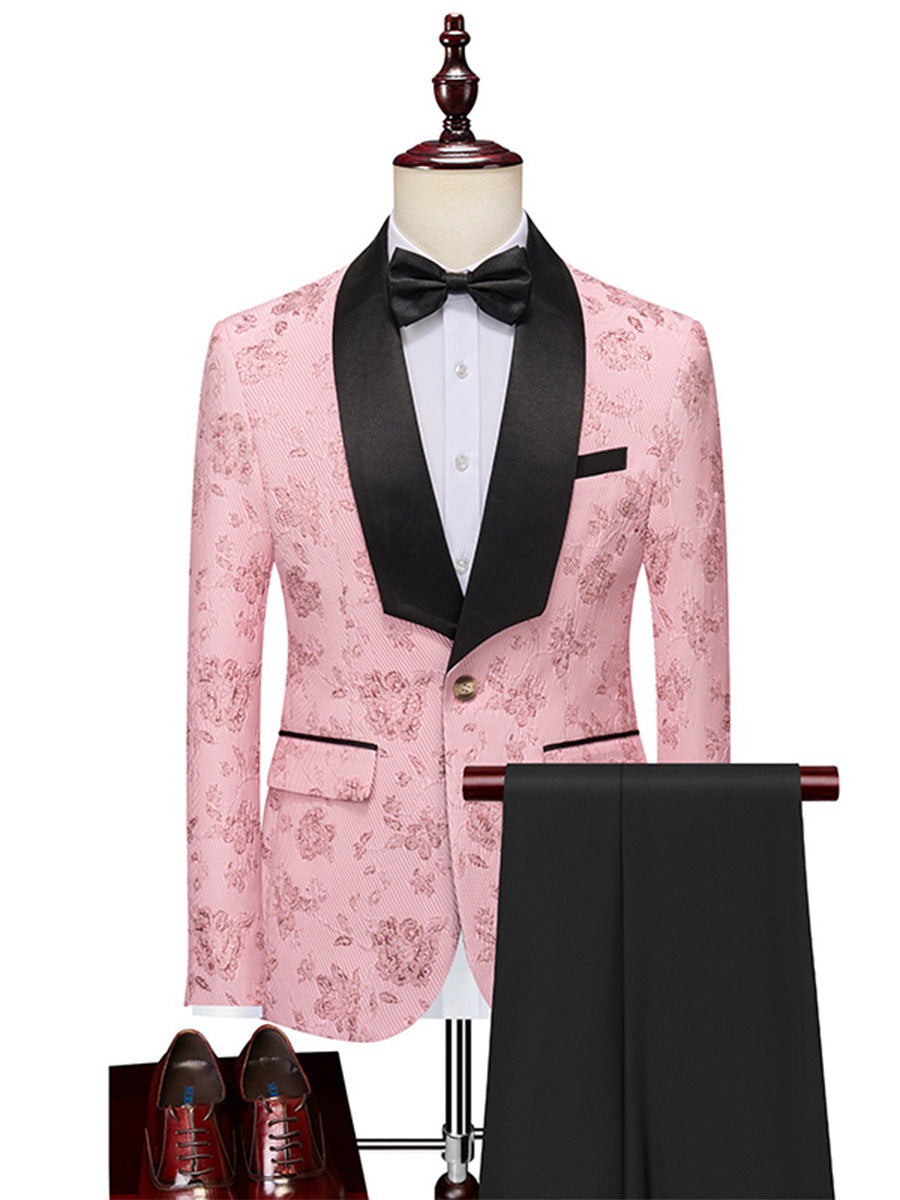 Tailored Fit Shawl Lapel Single Breasted One-Button Floral 2 Piece Men&