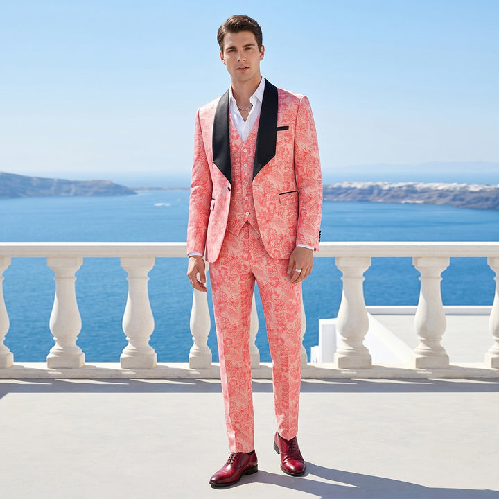 Tailored Fit Shawl Lapel Single Breasted One-Button Floral 3 Piece Men&