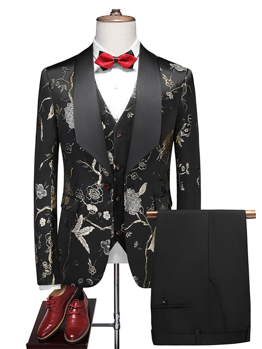 Tailored Fit Shawl Lapel Single Breasted One-Button Embroidery 3 Piece Men&
