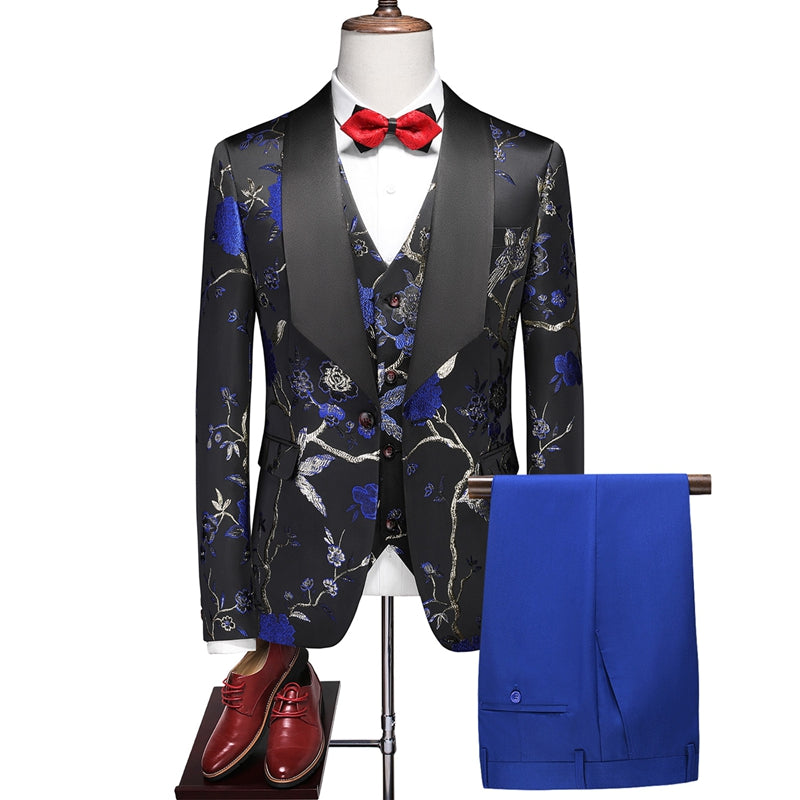 Tailored Fit Shawl Lapel Single Breasted One-Button Embroidery 3 Piece Men&