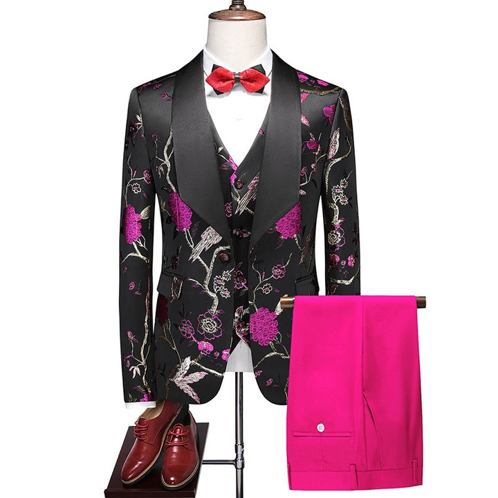 Tailored Fit Shawl Lapel Single Breasted One-Button Embroidery 3 Piece Men&