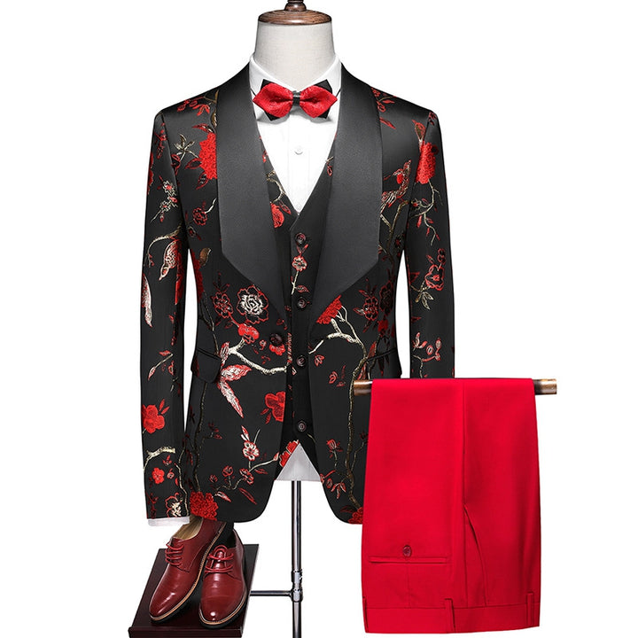 Tailored Fit Shawl Lapel Single Breasted One-Button Embroidery 3 Piece Men&